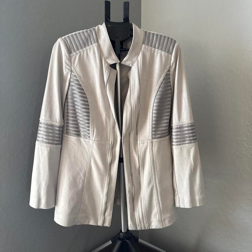 Light gray jacket with striped accents